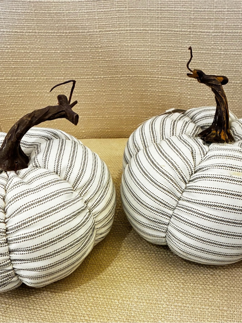 Hobby Lobby Cream and grey Striped Fabric Pumpkins - Set of 2
